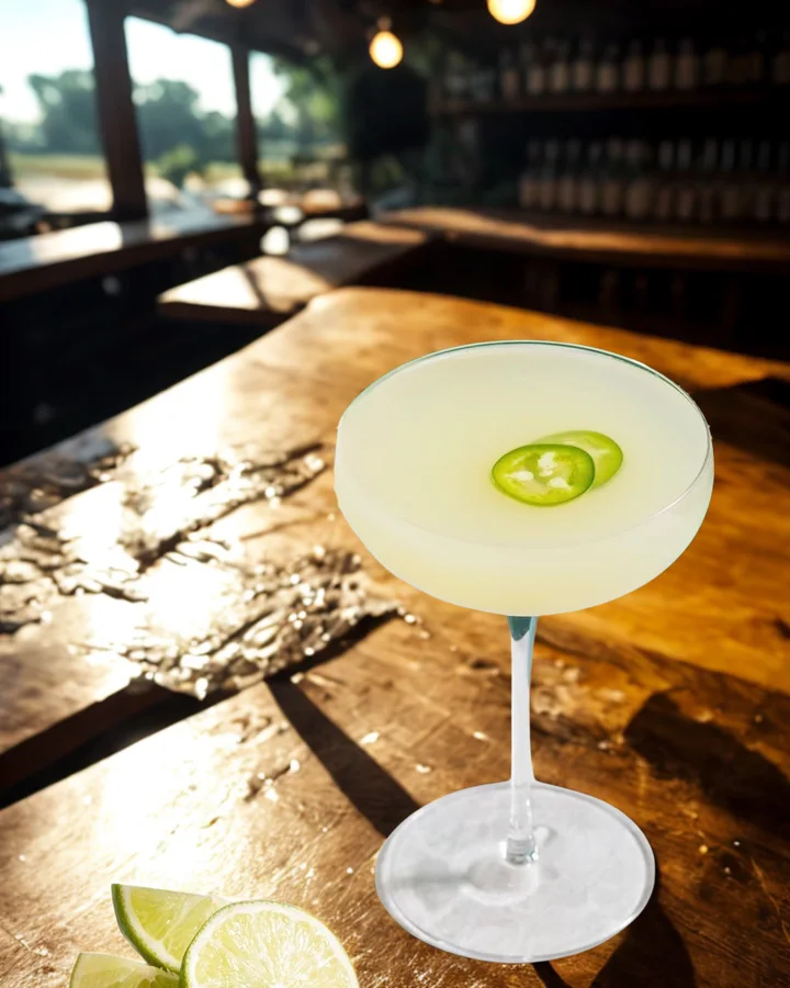 Garden Party cocktail in a coupe with a jalapeño slice