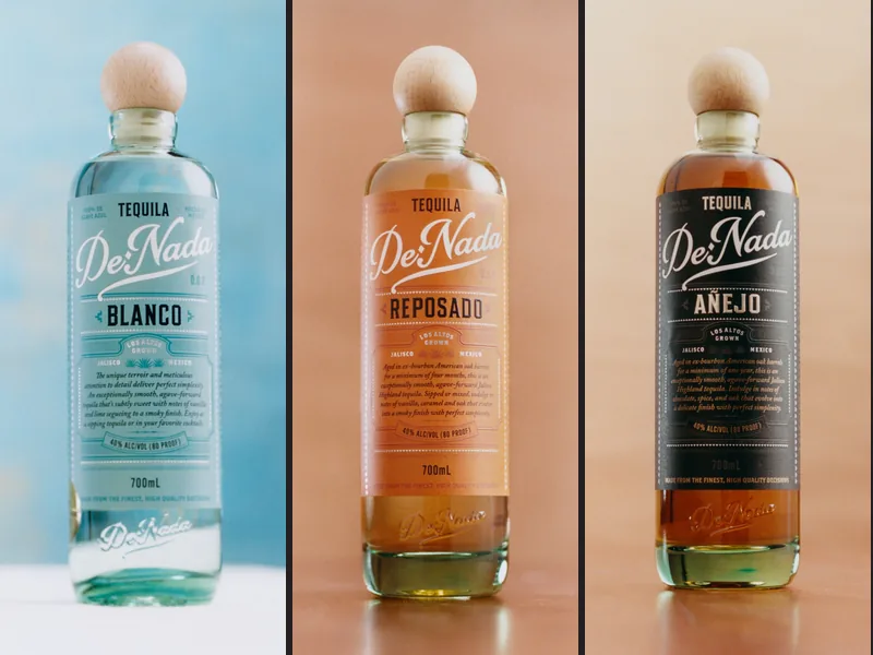De Nada Blanco, Reposado and AƱejo, the three glass bottles, shot on film